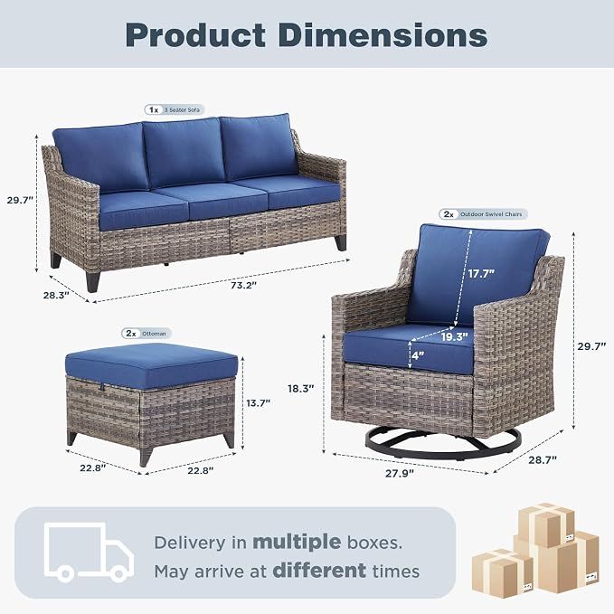 Belord Patio Wicker Swivel Rocker Patio Chairs with 3-Seater Sofa, Outdoor Rattan Chairs for Deck Porch Garden, 5 Piece Patio Conversation Furniture Set,Blue