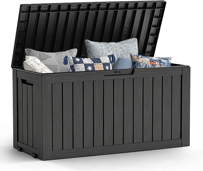 Mars Villa 72 Gallon Deck Box, Outdoor Storage Box Waterproof, Outside Resin Storage Bin for Patio Furniture Cushion, Pool Supply, Garden Tool, UV-Resistant and Weatherproof, with 4 Wheels, Black