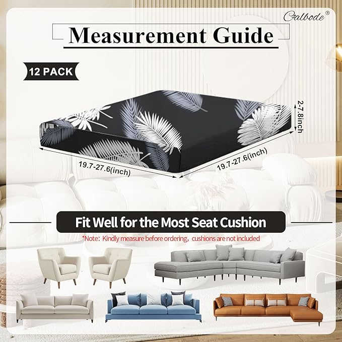 CALBODE 12Pcs Stretch Patio Cushion Covers Dustproof Outdoor Cushion Covers Washable Patio Couch Cover Slipcovers for Outdoor Furniture Protector Replacement(Black Palm Leaves, Cover Only)