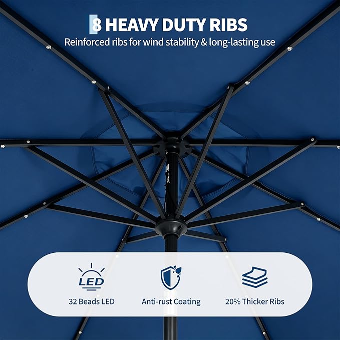 Garvee 9FT Patio Umbrella with 32 Solar LED Lights, Outdoor Table Market Umbrella with Tilt and Crank, 8 Sturdy Iron Ribs Sun Shade for Garden, Deck, Backyard and Pool, Navy Blue