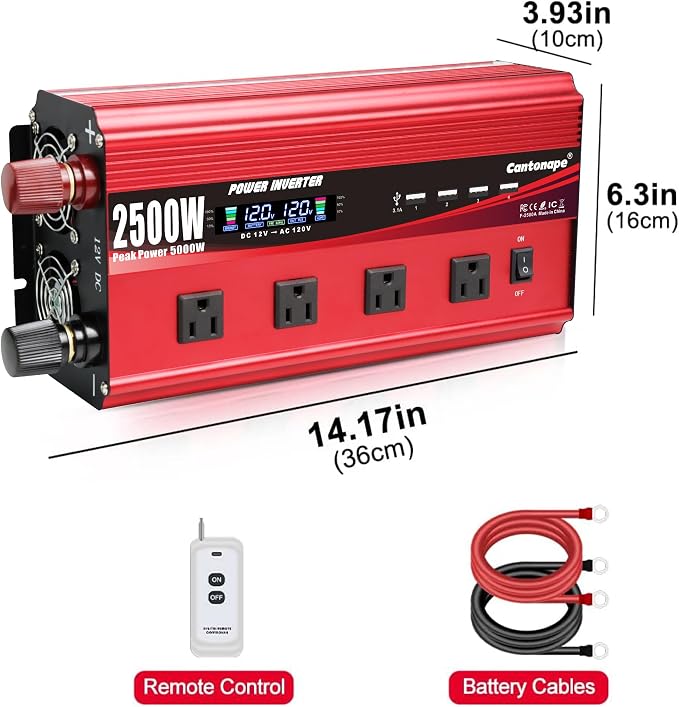 Cantonape 2500W Power Inverter 12V to 110V/120V DC to AC with LCD Display, Remote Controller 4 x AC Outlets and 4 x 3.1A USB Car Adapter for Car Truck Boat RV Solar System