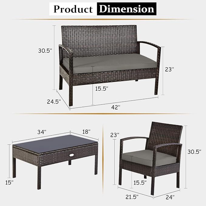 Tangkula 8-PCS Wicker Patio Conversation Furniture Set, Outdoor Rattan Chair and Table Set, Patio Furniture Sets with Coffee Table & Washable Cushions for Courtyard Balcony Garden (2, Brown)