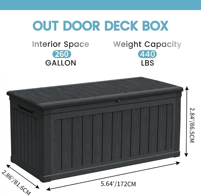 260 Gallon Lockable Resin XXL Deck Box, Waterproof Outdoor Storage Box for Patio Furniture Cushions, Garden Tools & Pool Accessories Storage, Black