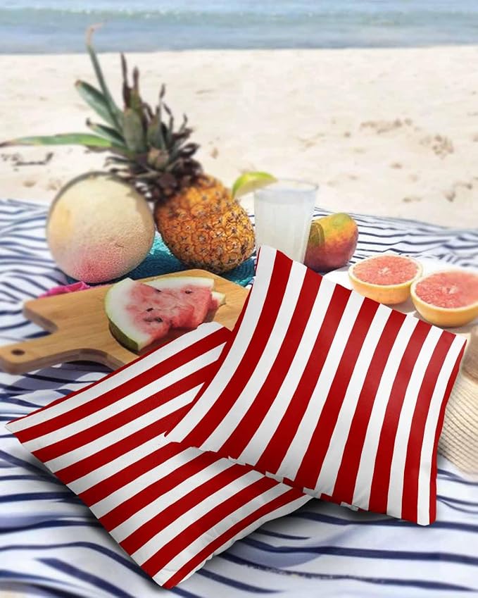 Outdoor Waterproof Throw Pillow Covers 18x18in, Red Stripes Cushions for Garden Patio Furniture Chairs Set of 2, Geometric Christmas Home Decor Couch Sofa Polyester Pillow Cases