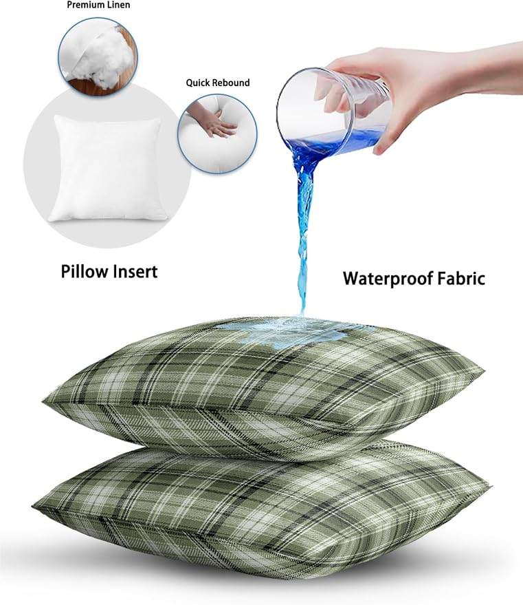 Waterproof Outdoor Pillow 1 Pack Green Checked Plaid Decorative Throw Pillows Cover & Insert 16x16 Inch Pillowcase Stripes Woven Grid Square Pillows for Couch Sofa Bed Patio Furniture Indoor Outdoor