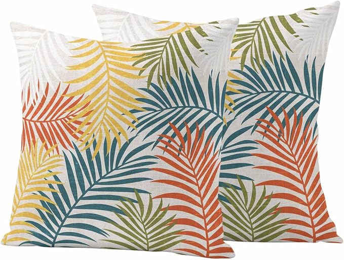 Outdoor Waterproof Throw Pillow Covers, Orange Green Yellow Palm Leaves Decorative Pillow Cases, Summer Botanical Tropical Leaf Couch Pillow Protector Patio Sofa Cushion Covers 20"x20" 2 Pack