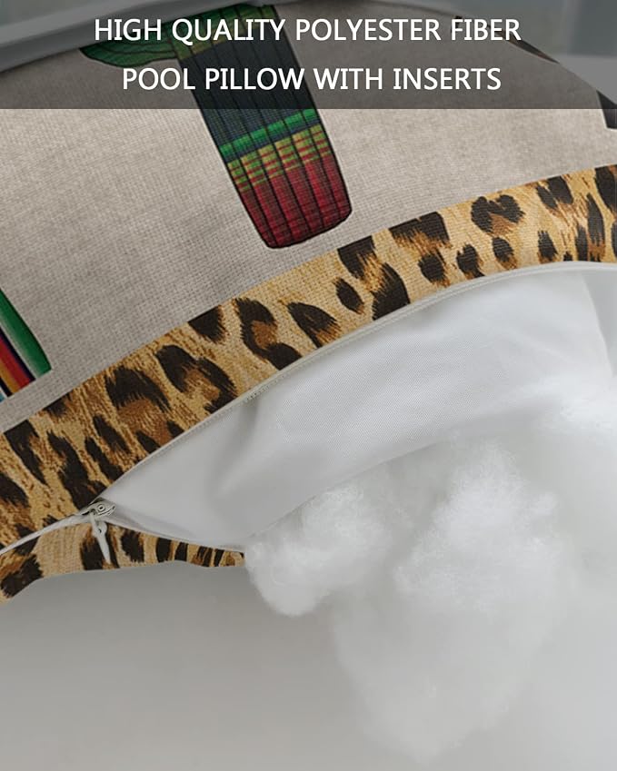 Outdoor Pillows Covers with Inserts Mexico Cactus Leopard Print Background Waterproof Recliner Pillow with Adjustable Strap Throw Pillows for Patio Furniture Pool Lounge Chair, 11x16 inch, 2PCS