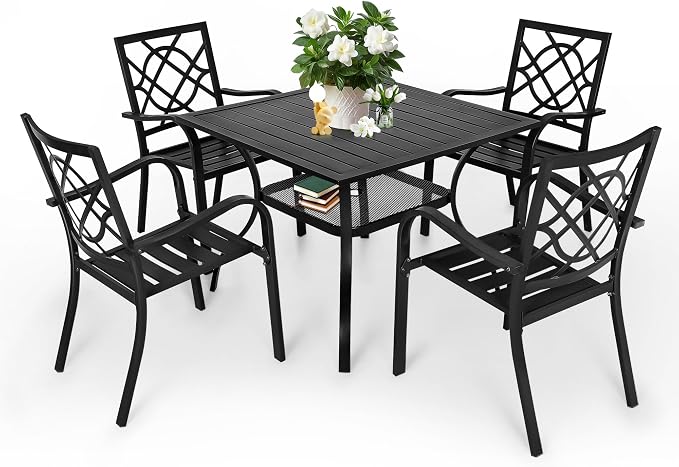 SUNCROWN 5-Piece Outdoor Dinging Set, Wrought Iron Chairs and Table Patio Dining Furniture Set - 4 Stackable Metal Chairs, 1 Steel Slat Bistro Table for Garden Backyard Deck