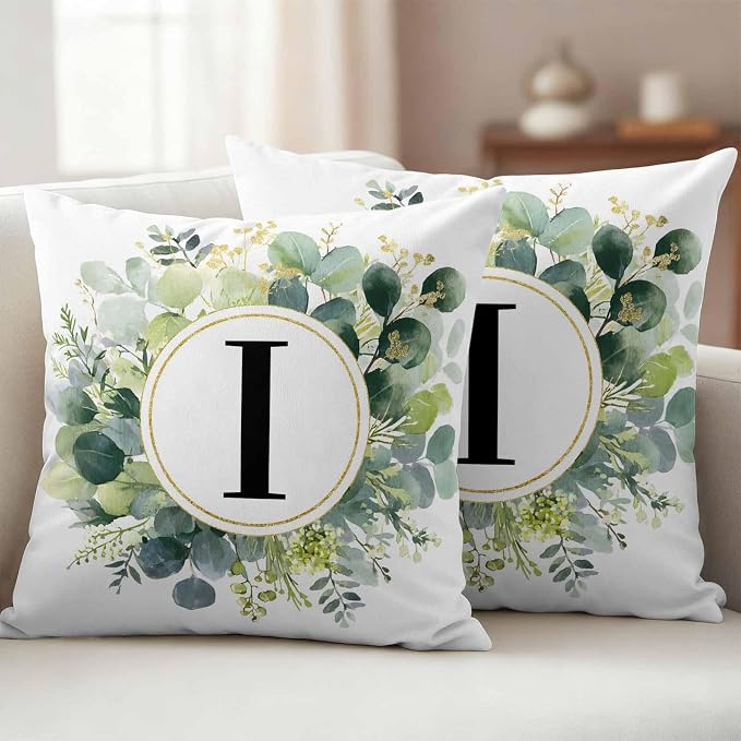 Letter I Waterproof Outdoor Pillow Covers Set of 2 Home Decor, Alphabet Green Eucalyptus Leaves Pillowcase Patio Pillow Covers for Couch Bench Patio Furniture Garden 26x26in