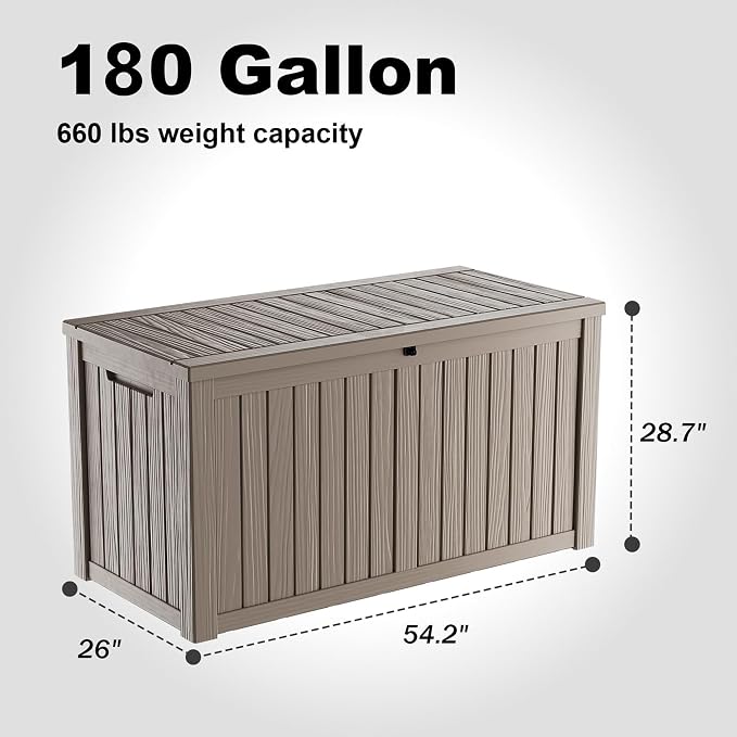 180 Gallon Resin Outdoor Deck Box Waterproof Patio Furniture, Garden Tools, Cushions, Pool Accessories Outside Storage Box (180 Gallon,Grey)