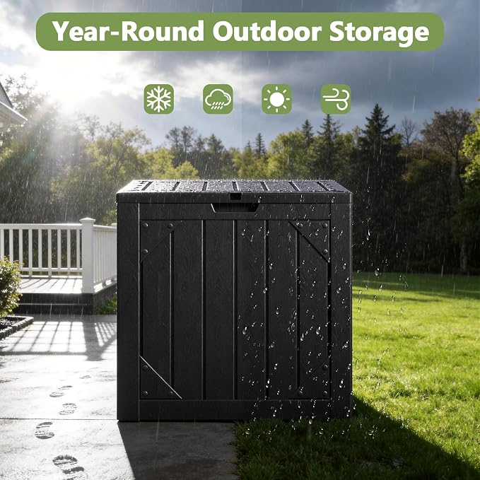 31 Gallon Outdoor Deck Box 4 Pack, Waterproof Resin Patio Storage Boxes with Lockable Lid, Small Outdoor Storage for Cushions, Accessories, Garden Tools, Indoor Outdoor Organizer, Black