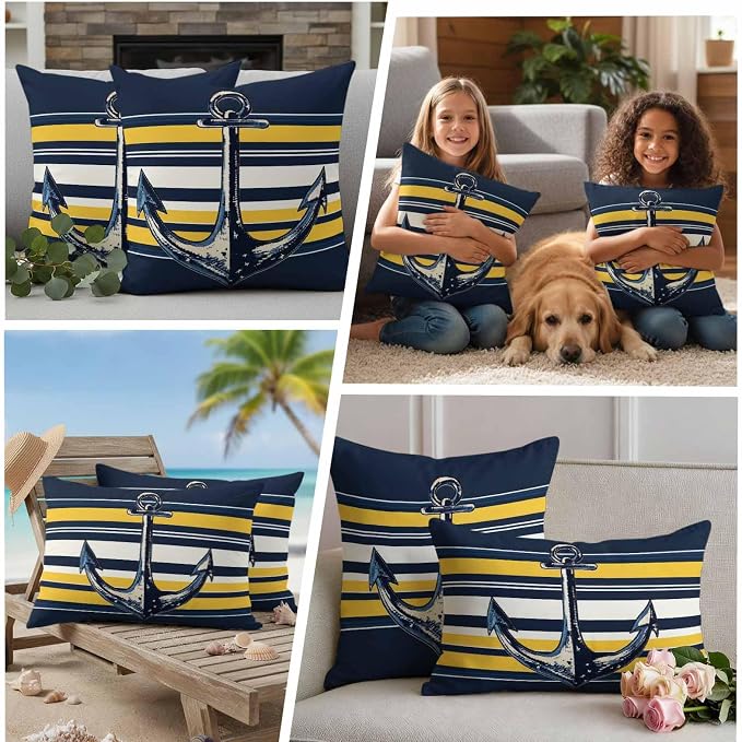 Vintage Anchor Outdoor Waterproof Pillow Covers Set of 2, Yellow Blue Striped Pillowcase Decorative Throw Cushion Cases for Patio Garden Couch 18 x 18 Inches