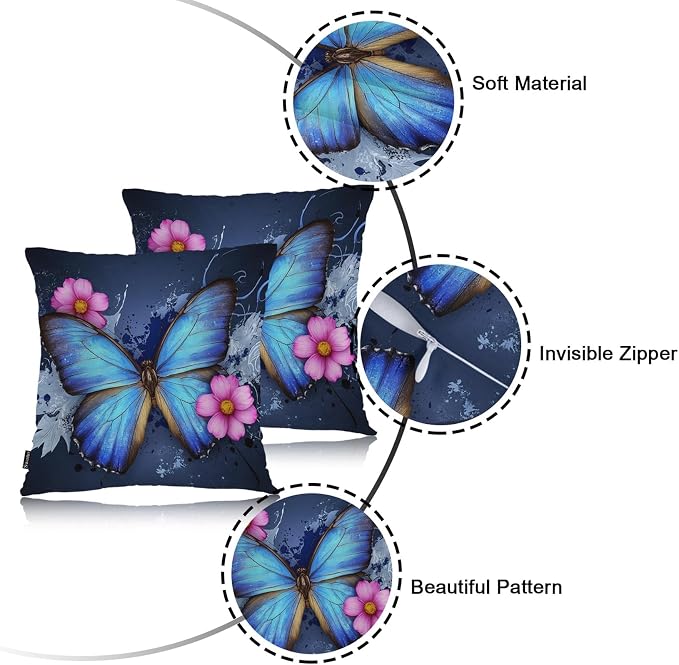 Swono Butterfly Farmhouse Throw Pillow Covers, Wild Butterflies Rose Flowers Maple Set of 2 Cushion Case Pillow Cover for Bed Sofa Couch, Blue Square Throw Pillowcases for Men Women 18x18 Inch