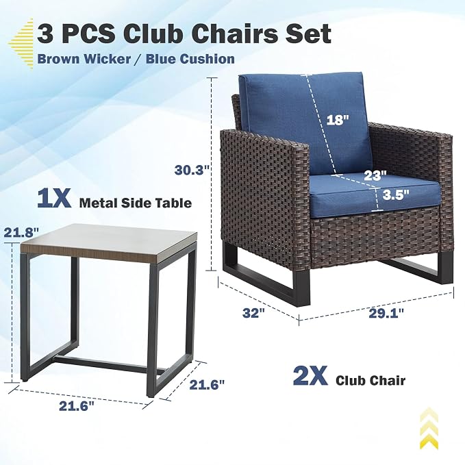 Belord Outdoor Bistro Set 3 Piece Outdoor Wicker Patio Chairs, Oversize Outdoor Rattan Seating Set, All-Weather Chairs Wicker Furniture with Metal Side Table and Removable Cushion for Outside