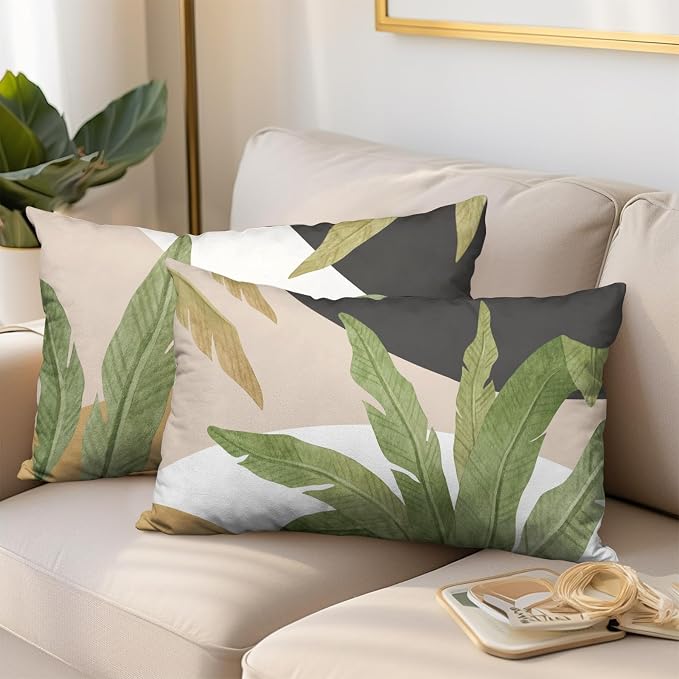 Spring Summer Green Tropical Lumbar Pillow Covers 12x20 Set of 2 Palm Leaf Throw Pillow Covers Brown and White Black Decorative Pillowcase Modern Home Decor for Bed Sofa