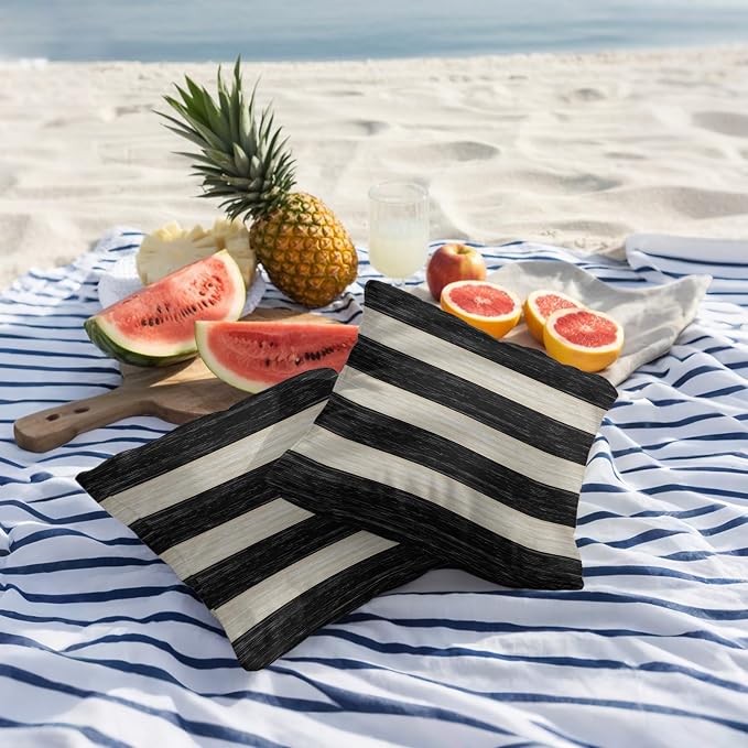Black Cream Striped Outdoor Pillow Covers 18x18 Inch Throw Pillow Covers Set of 2 Waterproof Decorative Pillow Cases Farmhouse Vintage Shabby Chic Wood Grain Cushion Covers for Patio Furniture Garden