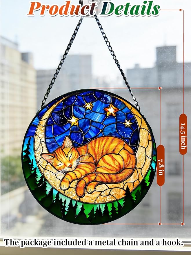 Orange Sleeping Cat Stained Glass Suncatcher Window Hanging Birthday Gifts | 7.8in Garden Sun Catcher, Cat on the Moon Starry Night Ornament for Door Home, Gift for Women Men & Mother's Day Christmas