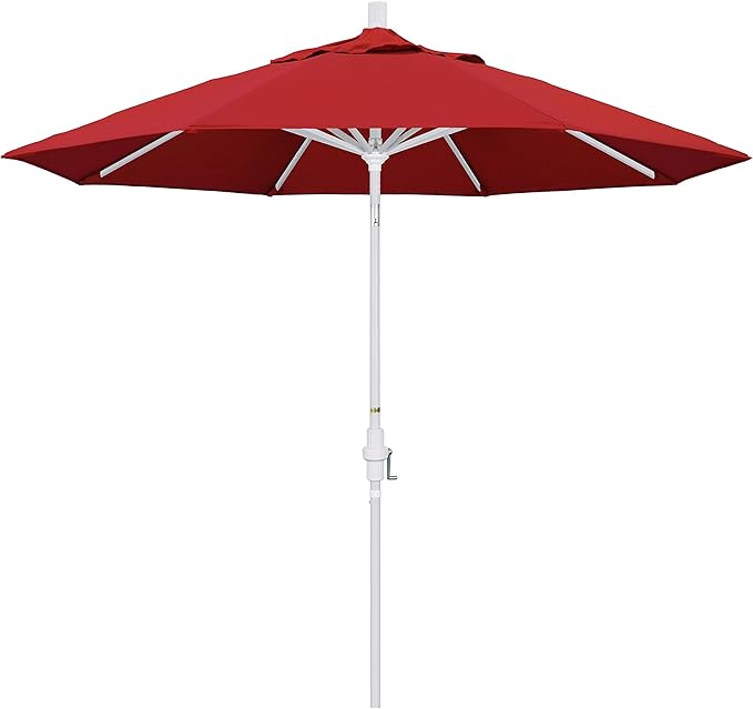 California Umbrella 9' Round Aluminum Market Umbrella, Crank Lift, Collar Tilt, White Pole, Jockey Red