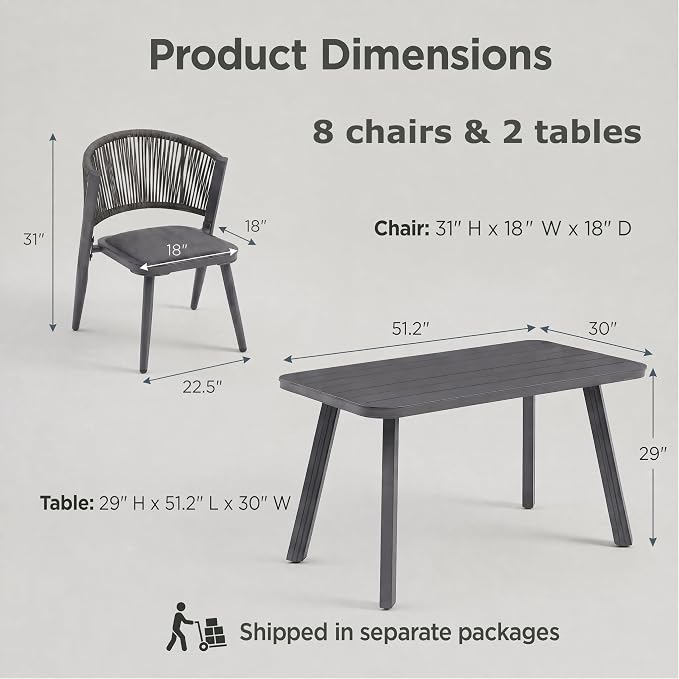 10-Pcs Aluminum Outdoor Dining Set, All-Weather Rattan Patio Furniture Set Include Two 51.2" Rectangular Tables & 8 PE Wicker Chairs with Waterproof Cushions for Big Family Dinner & Entertaining, Grey