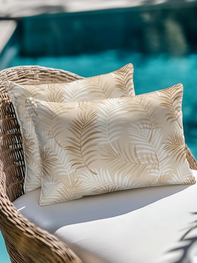 Waterproof Outdoor Pillow Set of 2 Cream Tropical Palm Leaves Decorative Throw Pillows Cover & Insert 20x12 Inch Lumbar Pillowcase Summer Jungle Foliage Pillows for Couch Sofa Bed Patio Furniture