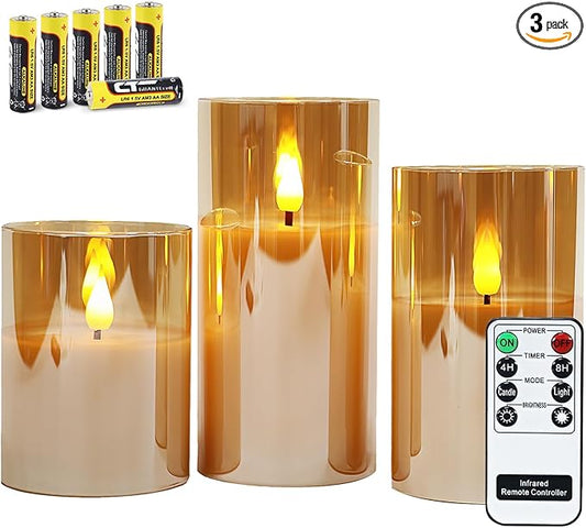 Rhytsing Gold Glass Battery Operated Candles with Remote, Flameless LED Candle Gift Set, Warm White Light - Include 6 Batteries