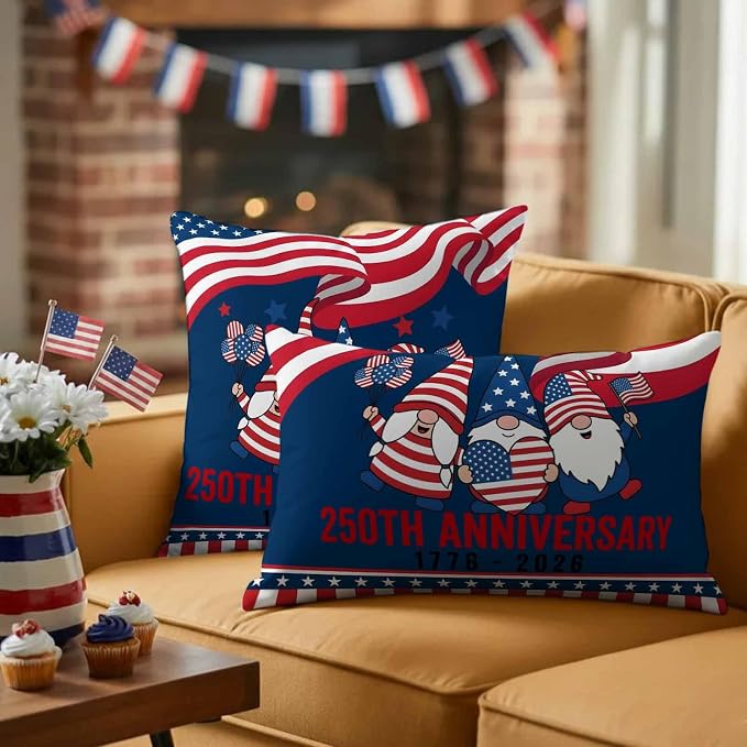 250th Anniversary Outdoor Pillow Covers 20"x20" Set of 2, Patriotic Gnome USA Flag Independence Day Waterproof Throw Pillow Covers for Patio Furniture, Decorative Cushion Covers for Porch