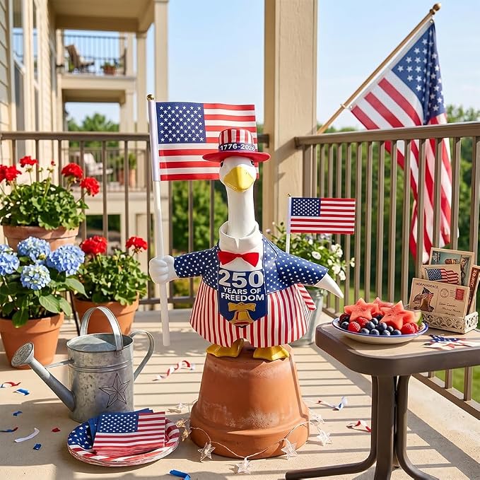 Patriotic Porch Goose Outfits for 23" H Lawn Statue, 4th of July Porch Goose Outfit Anniversary Sign Flag Goose Clothes Costume for Independence Day & Memorial Day Outdoor Garden Yard Patio Decor