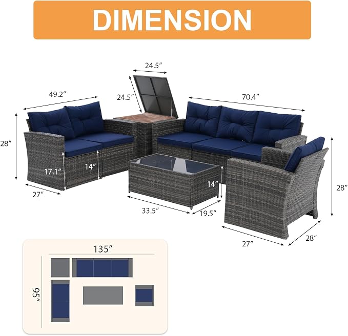 Super Patio 8 Pieces Outdoor Patio Furniture Set, Wicker Patio Conversation Sets with Storage Box, Rattan Outdoor Sectional Sofa Set with Cushions and Coffee Table for Outside Porch, Deck, Navy Blue