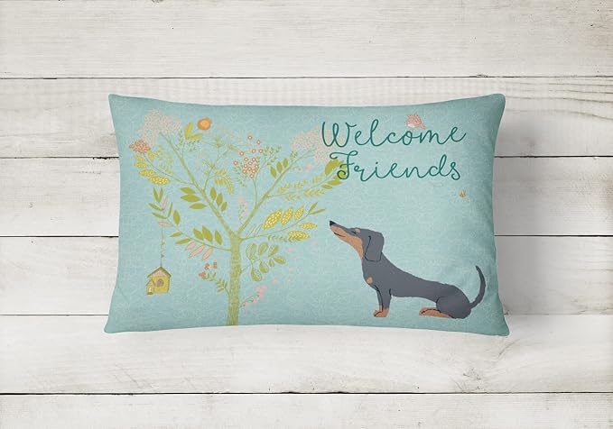 Caroline's Treasures BB7630PW1216 Welcome Friends Black Tan Dachshund Canvas Fabric Decorative Pillow Machine Washable, Indoor Outdoor Decorative Pillow for Couch, Bed or Patio, 12HX16W