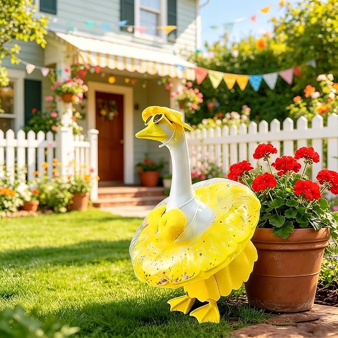 Hawaiian Porch Goose Outfits with Hat Sunglasses & Swim Ring, Summer Bikini Goose Outfit Clothes Costume Fits 23" Cement Geese Statue, Summer Garden Lawn Patio Yard Outdoor Decor (Summer style-Yellow)