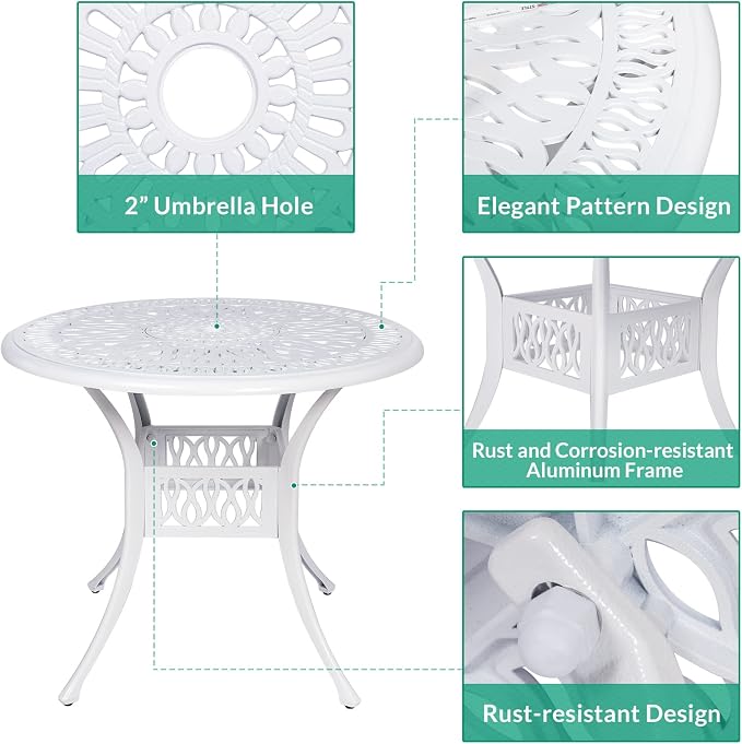 VIVIJASON 5-Piece Patio Furniture Dining Set, All-Weather White Cast Aluminum Outdoor Conversation Set, Include 4 Cushioned Chairs and a 35.4" Round Table w/Umbrella Hole for Balcony Lawn Garden