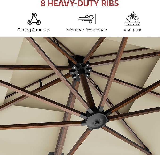 GENTEACO 10x13FT Wood Pattern Cantilever Patio Umbrella, Double Top Rectangle Offset Umbrella 7 Angle Tilts & 360° Rotation, Large Heavy Duty Outdoor Sun Umbrella for Pool Market, Beige