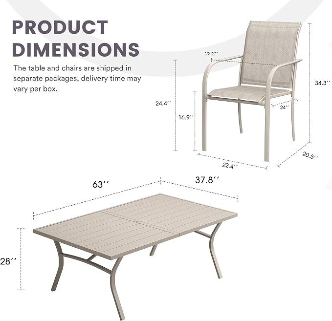 7 Pieces Patio Dining Set, 63" Rectangular Dining Table with Umbrella Hole, 6 Stackable Textilene Fabric Chairs, Metal Structure for Patio, Porch, Garden(Sand Table, Sand Chair)