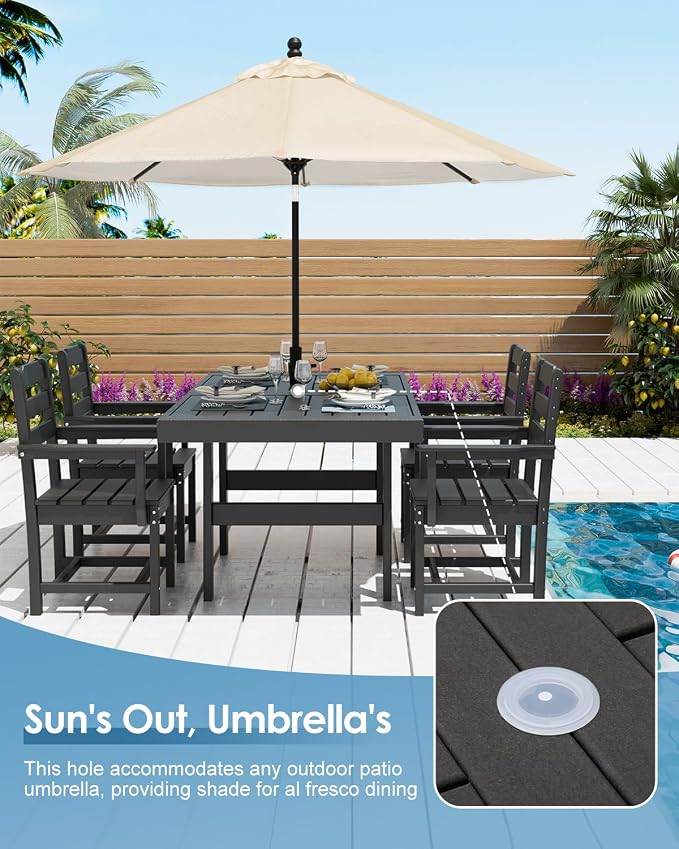 K Knowbody 5-Piece Outdoor Patio Dining Table and Chairs Set, Seats 4 | Steel-Reinforced HDPE, 100 lb/sq ft Load Capacity, 2-Inch Umbrella-Ready Tables, All-Weather, Fade-Resistant, Charcoal Black