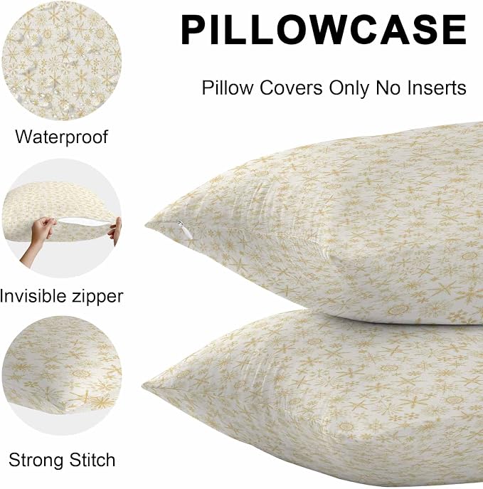 Beige Christmas Outdoor Pillow Cover 26x26 Inch Cushion Sham Case, Country Winter Xmas Snowflakes Simple Waterproof Decorative Square Throw Pillowcase for Outside Garden Patio Porch Couch Chair Tent