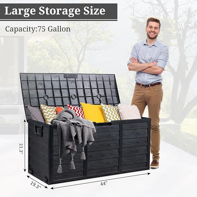 Outvita 75 Gallon Deck Storage Box, Durable Storage Container Bin Store Patio Cushions, Yard Stools Outdoor Patio Garden (All Black)
