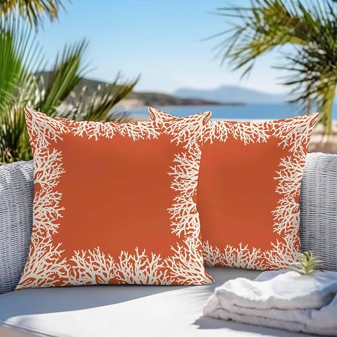Vandarllin Outdoor Throw Pillows Covers 20x20 inch Set of 2 Waterproof Orange Coral Decorative Zippered Cushion Covers for Patio Furniture, Coastal Marine Life Lumbar Pillowcases