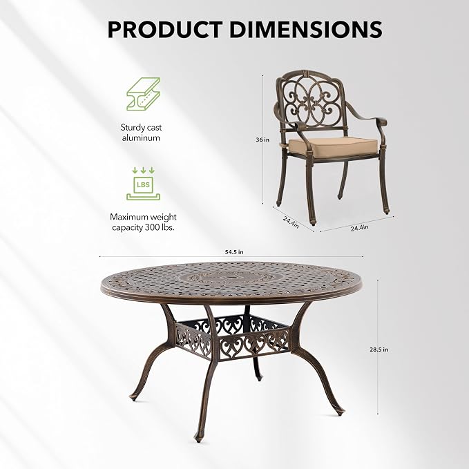 7-Piece Cast Aluminum Outdoor Table and Chairs, Classic Vintage Patio Dining Set for 6 Include 54.5" Round Dining Table and 6 Chairs with Removable Cushion and Umbrella Hole