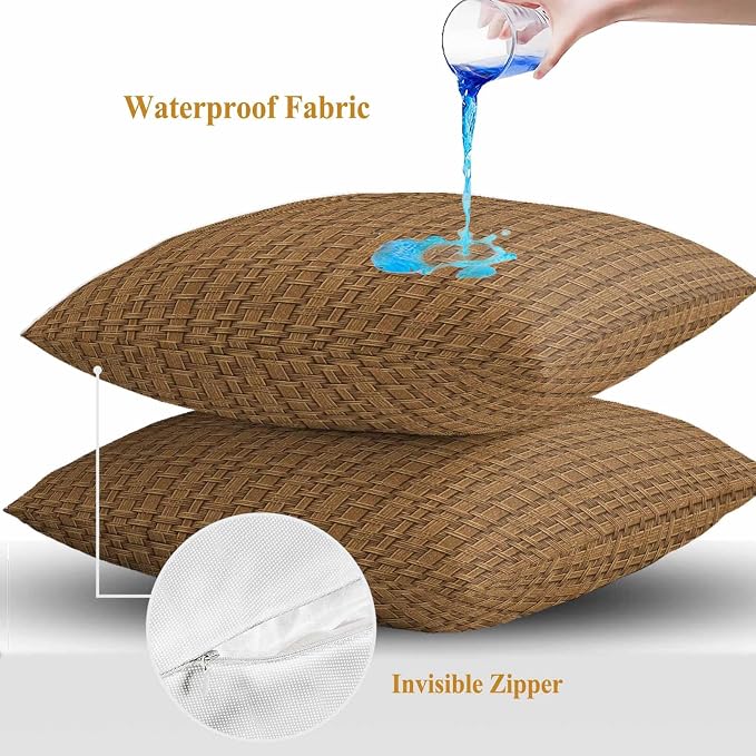 Outdoor Waterproof Throw Pillow Covers Set of 2 Brown Rattan Pillowcases 26x26 Inches Vintage Striped Lines Decorative Pillows Cushion Case Patio Pillows for Couch Bed Chair Garden