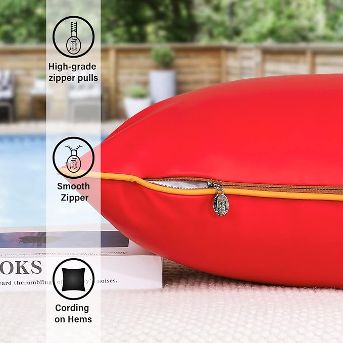 Silicone Leather Outdoor Waterproof Pillow Cover with Piping Outside Fadeproof Red Lumbar Pillows for Patio Furniture Bench House Couch 12x20 Inch, Pack of 2