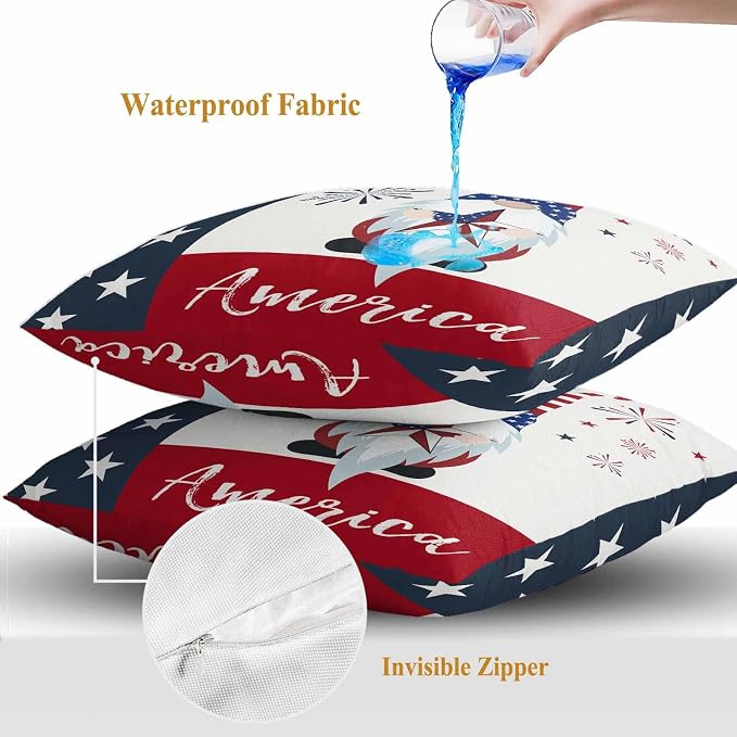 Gnomes with Outdoor Waterproof Throw Pillow Covers Set of 2, 16"x16", American Flag Decorative Pillow Covers Outside Cushion Case for Patio Porch Garden