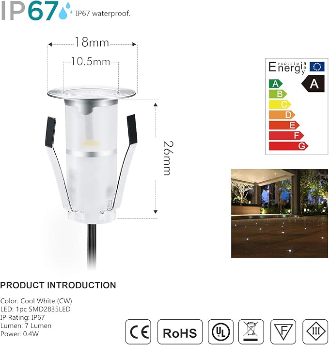 Φ0.7 Tiny LED Deck Lighting Kit, 0.4W Low Voltage Decking Stairs Light Stainless Steel Waterproof Recessed Wood Garden Yard Patio Decor Lamp Outdoor LED Lighting, 7Lm Cool White Pack of 30
