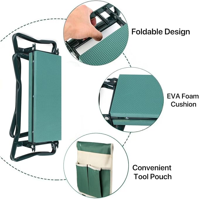 Roixeeds Garden Kneeler and Seat Foldable Gardening Bench Stool with Tool Bag Pouch EVA Foam Pad Outdoor Practical Garden Tools for Kneeling and Sitting Sturdy and Lightweight, Green