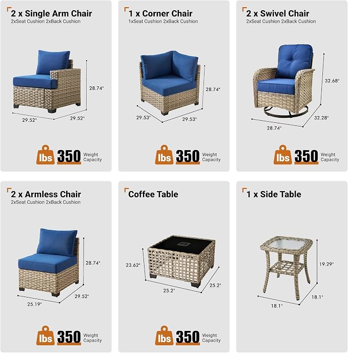 ovios 9 Piece Patio Sectional Furniture with Swivel Rocking Chairs, Rattan Wicker Coversation Couch Set, Outdoor Sofa Set for Outside Porch Balcony Backyard Pool, Navy Blue