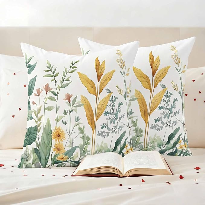 Outdoor Pillow Covers 18x18 Set of 2, Yellow Green Botanical Waterproof Patio Throw Pillow Covers for Couch Sofa Chair, Rustic Watercolor Leaves Decorative Pillowcases for Throw Pillows