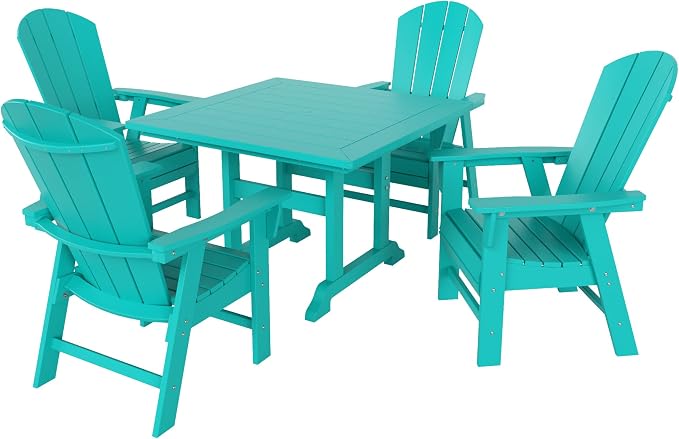 WestinTrends Malibu 5 Piece Adirondack Outdoor Dining Set, All Weather Poly Lumber Patio Table and Chairs Furniture Set, 43" Trestle Square Dining Table and 4 Adirondack Dining Chair, Turquoise