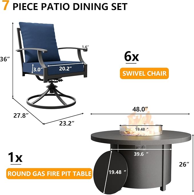 Kullavik 7 Piece Metal Outdoor Patio Furniture Set with Fire Pit Table,Outdoor Dining Table Set with 6 Swivel Chairs and 55000 BTU Outdoor Round Fire Pit,Navy Blue