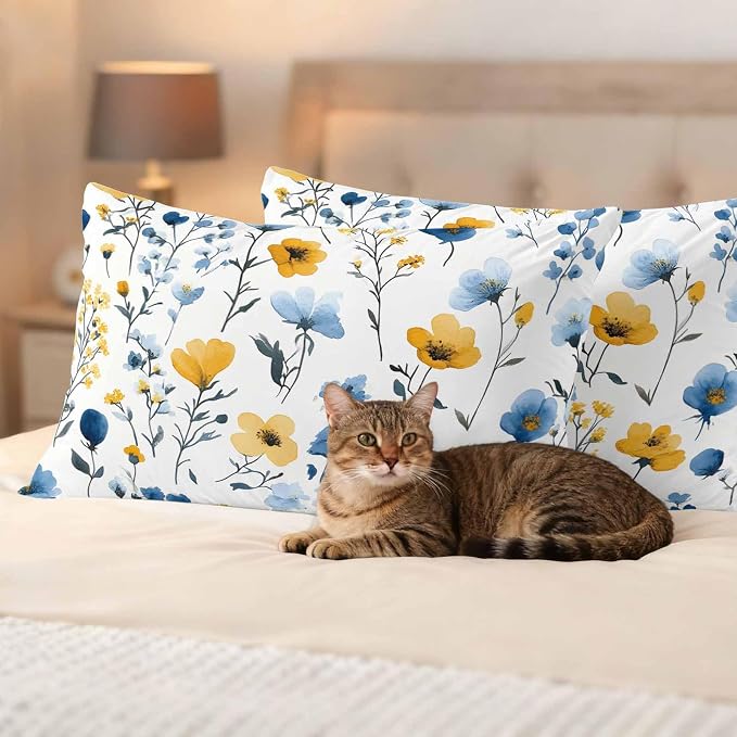 Watercolor Blue Outdoor Waterproof Throw Pillow Covers Set of 2, 20"x12", and Yellow Flower Leaves Spring Plant Decorative Pillow Covers Outside Cushion Case for Patio Porch Garden