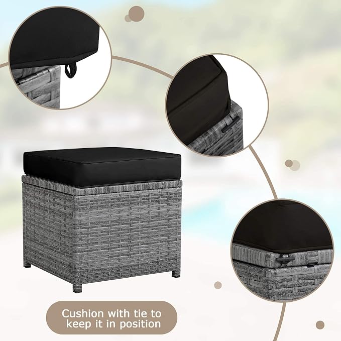 HAPPYGRILL 7 Pieces Rattan Wicker Patio Conversation Set, Outdoor Patio Furniture Set with Cushions, Rattan Sofa Set with Dining Table & Ottomans for Poolside Backyard Balcony Garden (Black)