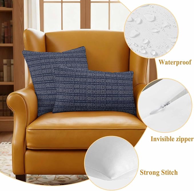 Outdoor Waterproof Throw Pillow Covers Set of 2 Navy Blue Stripes Grain Pillowcases 16x16 Inches Solid Color Decorative Pillows Cushion Case Patio Pillows for Couch Bed Chair Garden